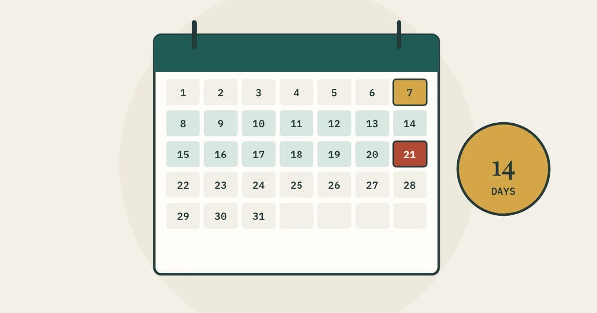 A calendar with the 14 days after the review period highlighted