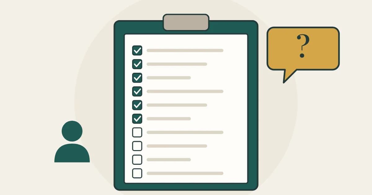 A clipboard with ten questions, six ticked, next to a question mark