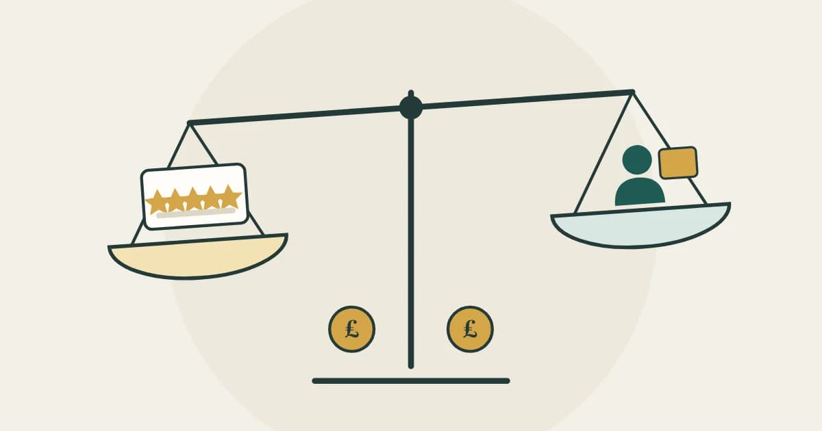 A balance weighing a platform's star ratings against hiring a tradesperson directly