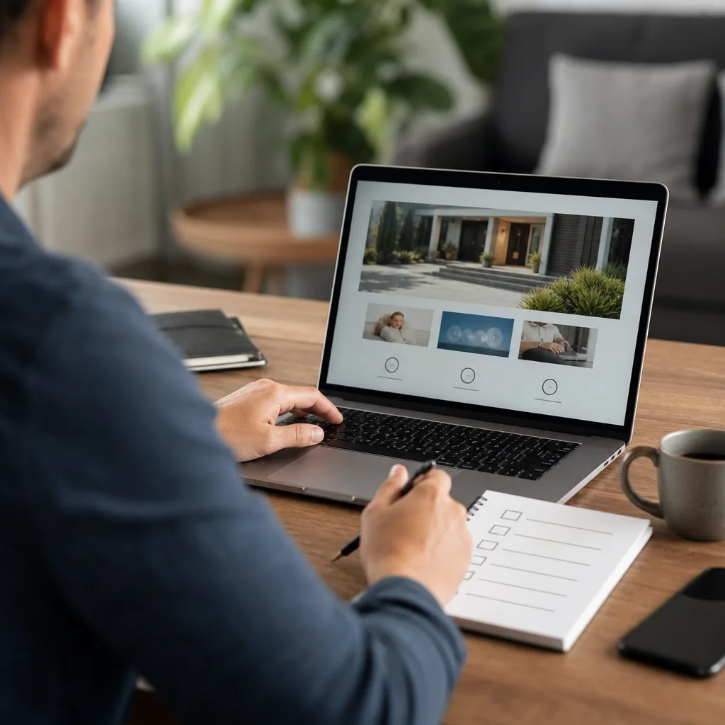Business owner viewing modern website design on laptop with checklist of upgrade signs.