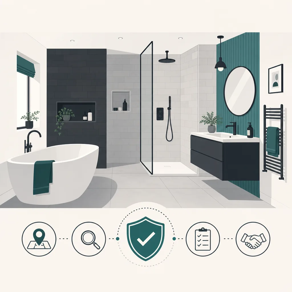 A modern bathroom with a bathtub, walk-in shower, and vanity unit, illustrating a typical UK bathroom renovation.