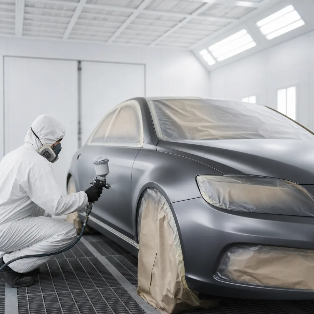 A professional car respray in a spray booth with protective equipment