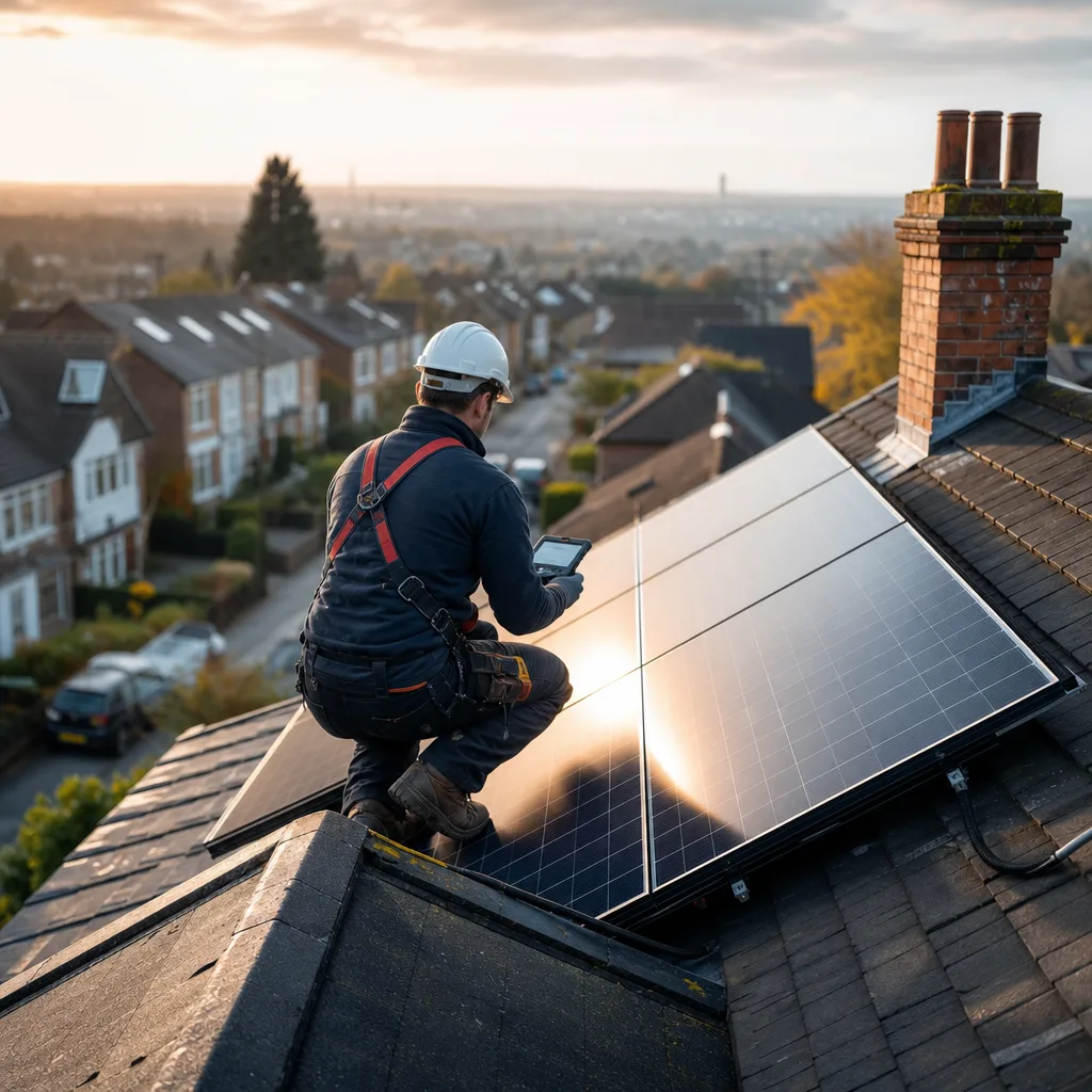 A solar panel installation on a UK roof with a certified installer checking the system's performance.