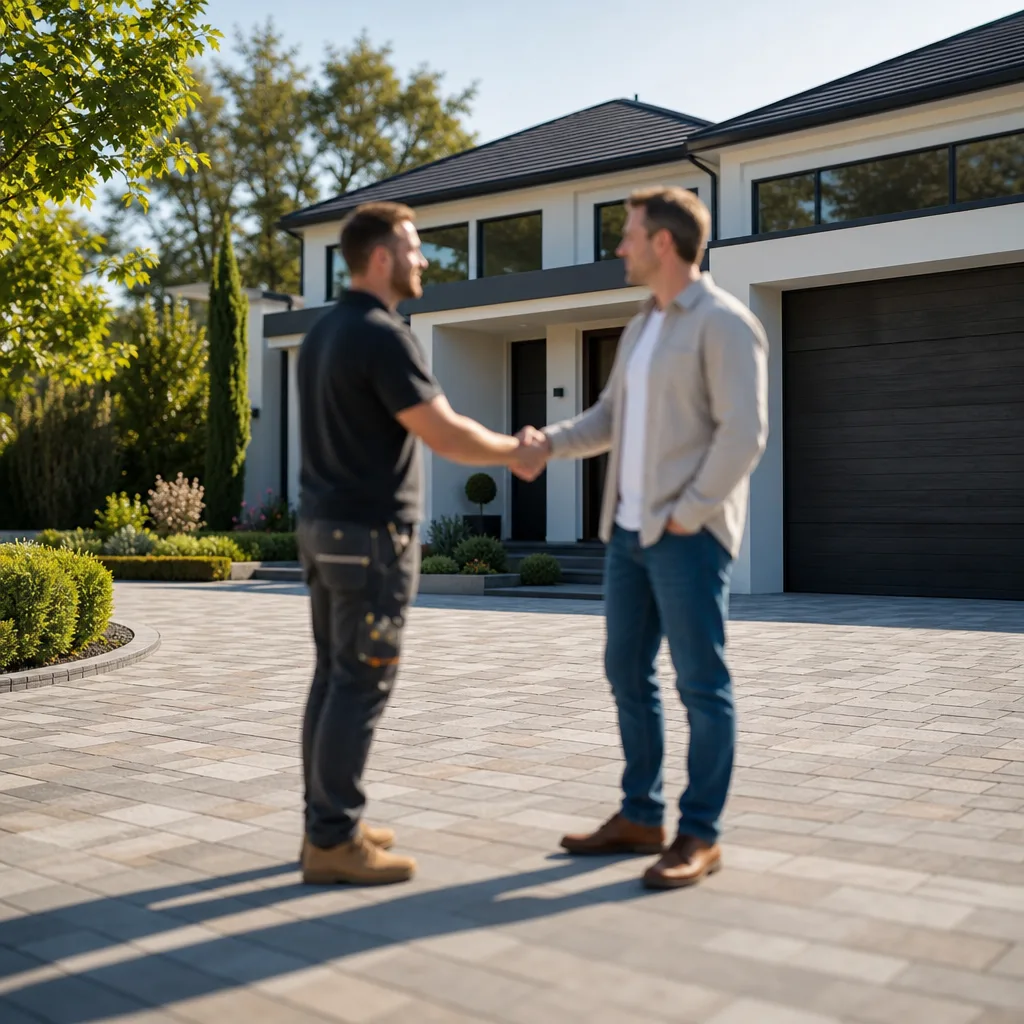 A beautiful paved driveway with a modern house in the background, sunlight.