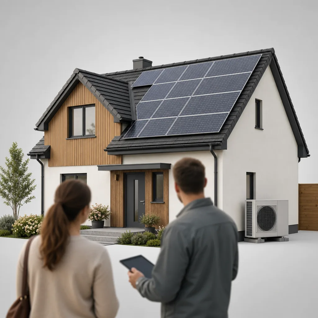 A UK home with solar panels on the roof and a heat pump unit outside.