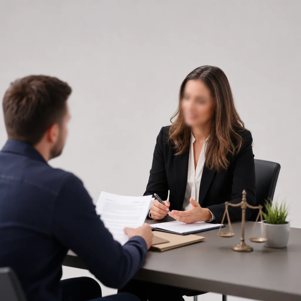 Illustration of a person holding documents and talking to a solicitor about a personal injury claim in the UK.