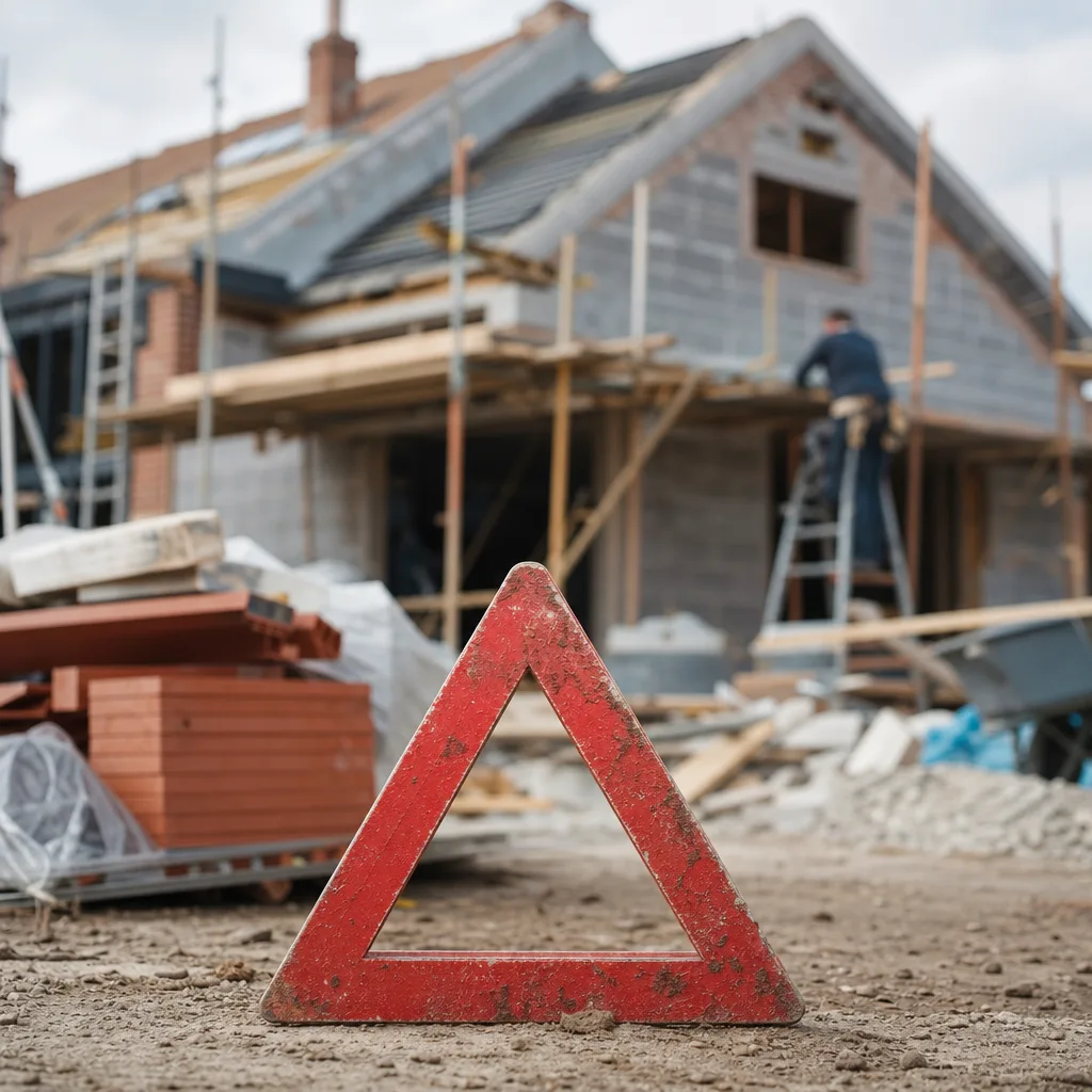 A house under construction with a red warning sign in the foreground, symbolising the risks of cowboy builders.