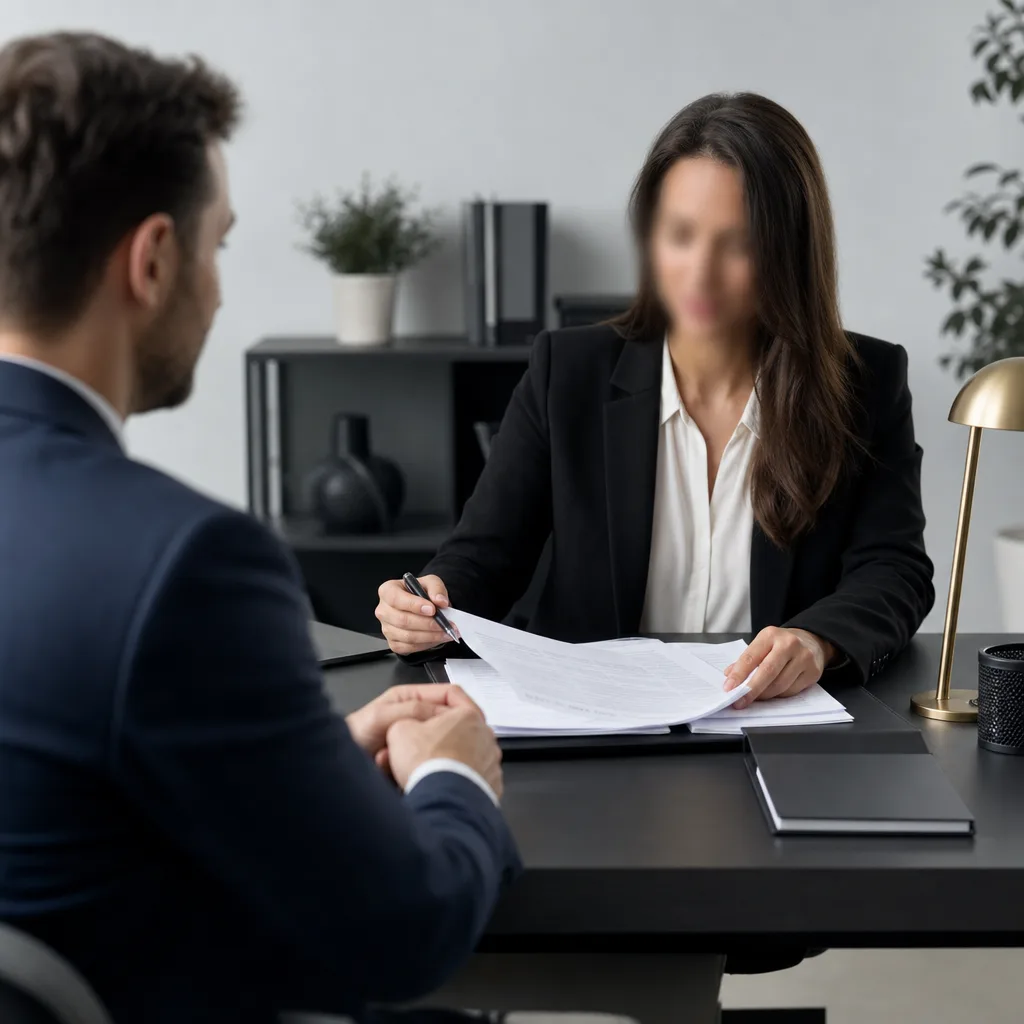 A solicitor sitting at a desk, reviewing paperwork with a client in a modern office.