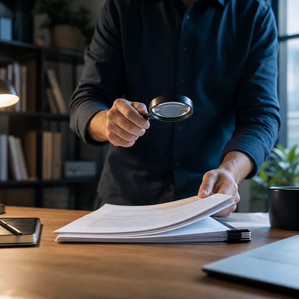 A person reviewing documents with a magnifying glass, representing the vetting process for marketing agencies.