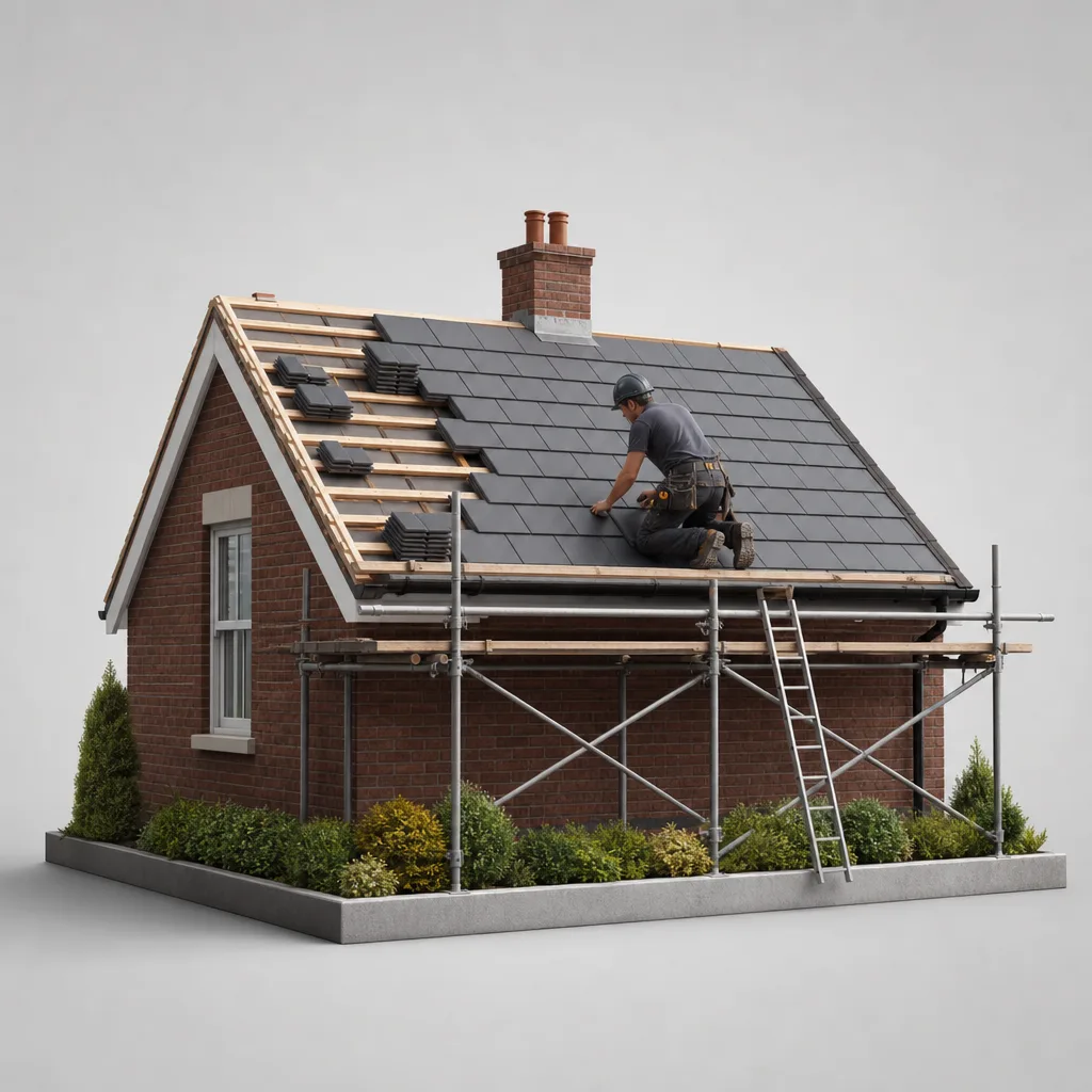 A roofer installing new tiles on a pitched roof of a UK house.