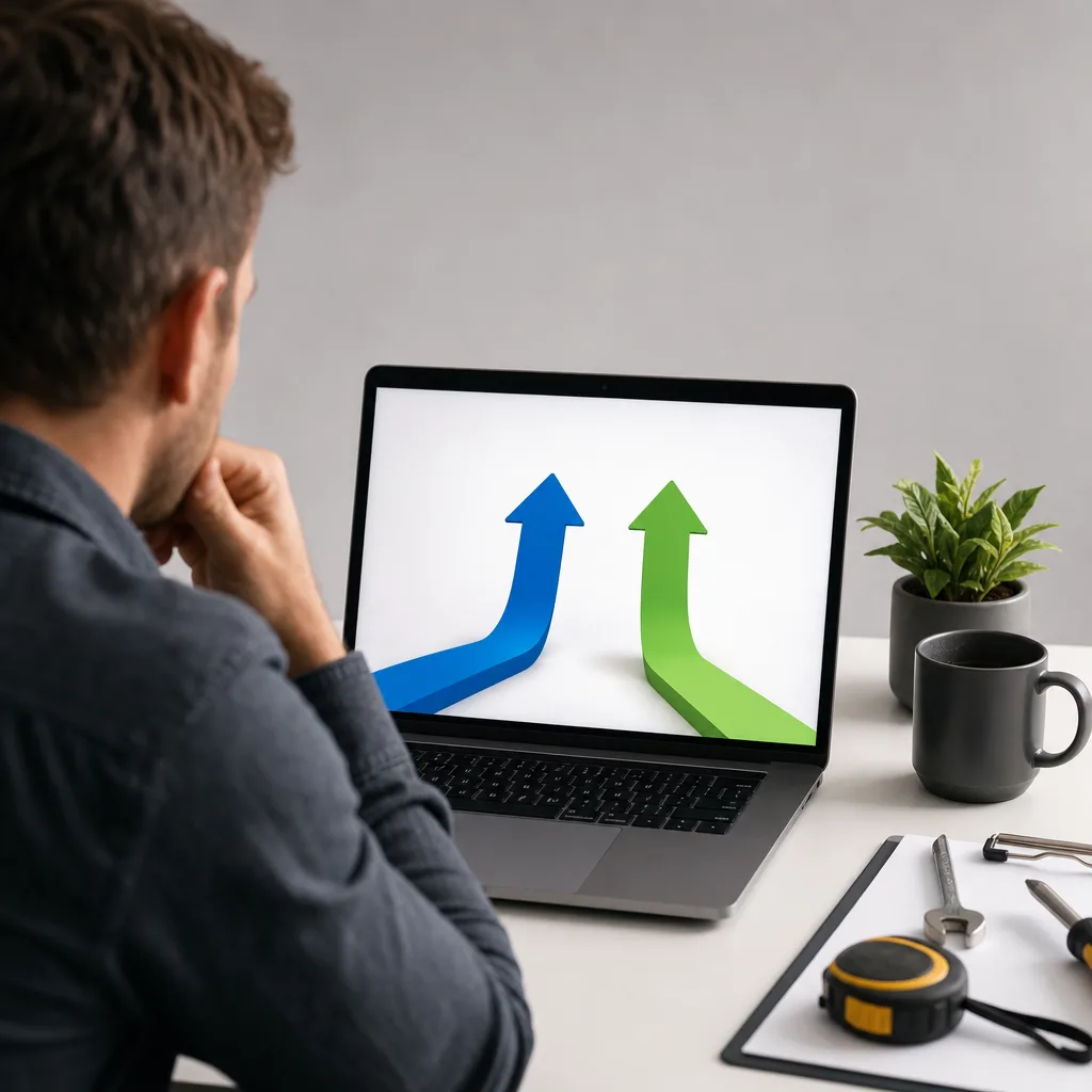 UK small business owner comparing PPC and SEO arrows on a laptop screen