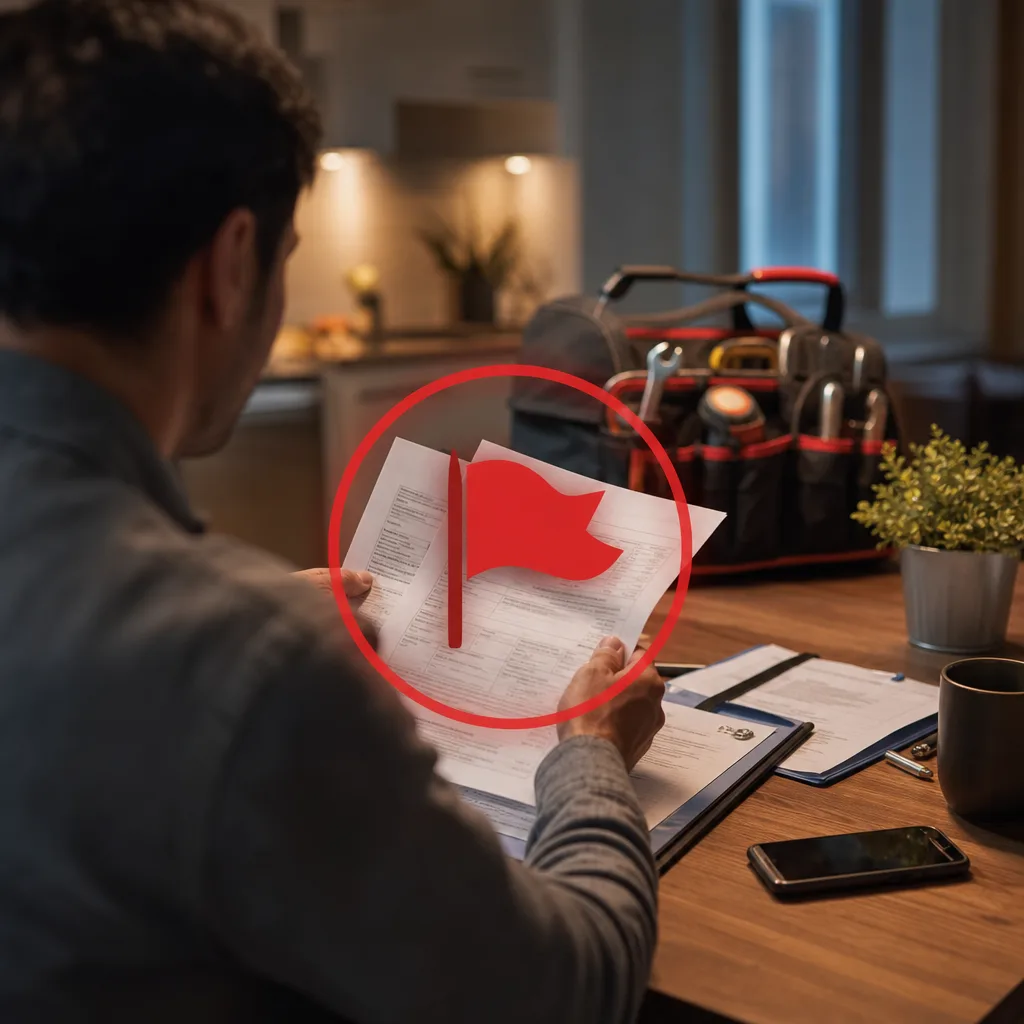 A person examining a contractor's paperwork with a red flag icon overlay.