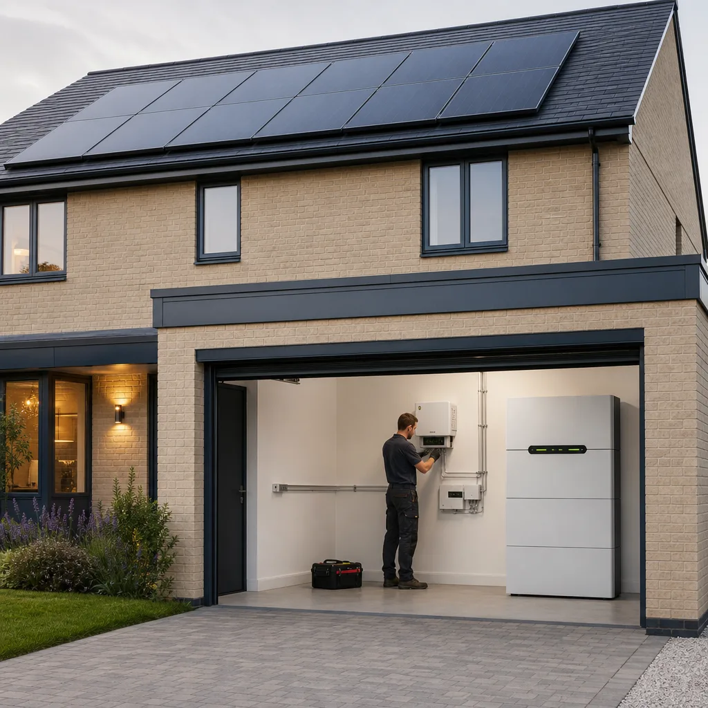 A modern UK home with solar panels and a battery storage unit in the garage.