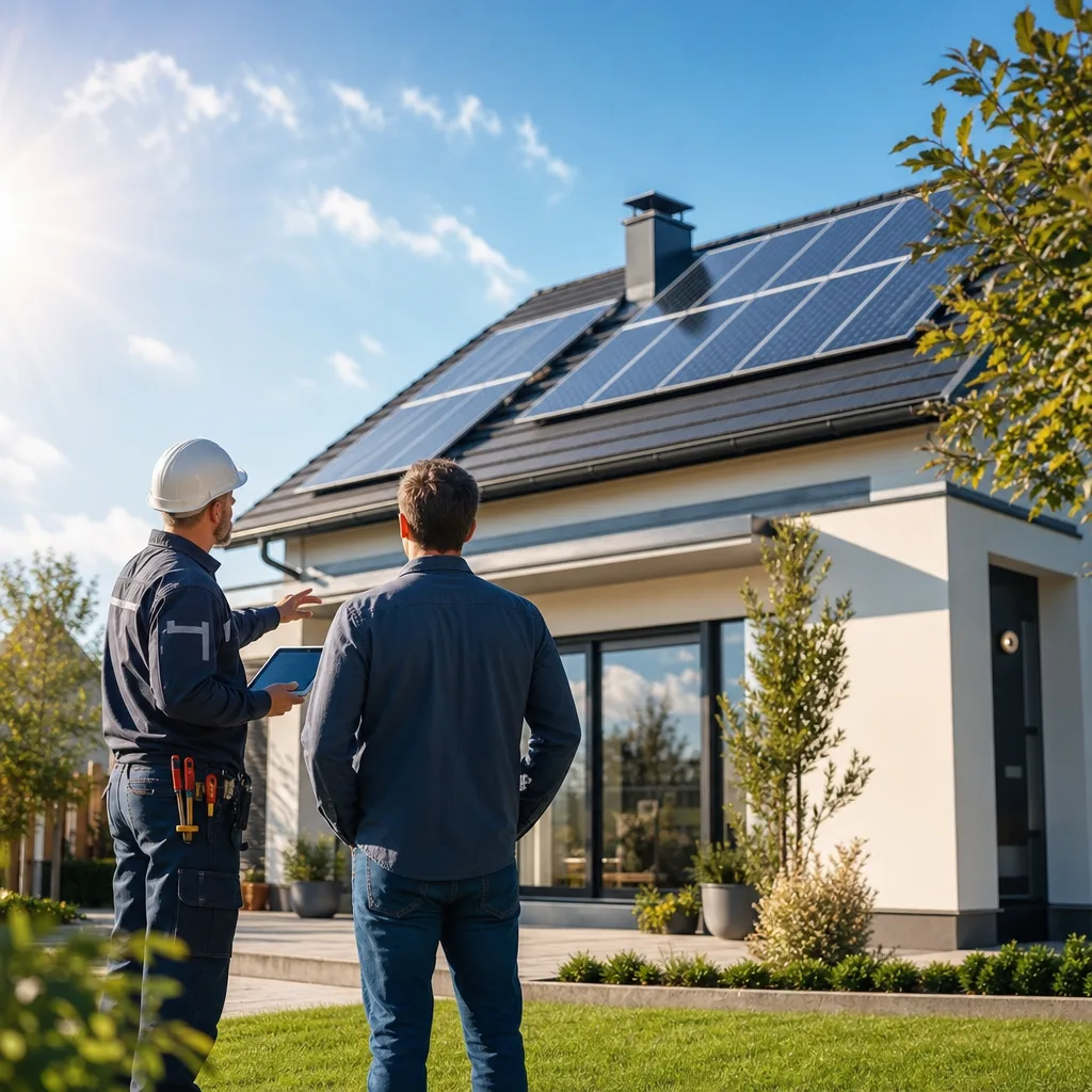 Modern house with solar panels on the roof under a bright blue sky with sunlight.